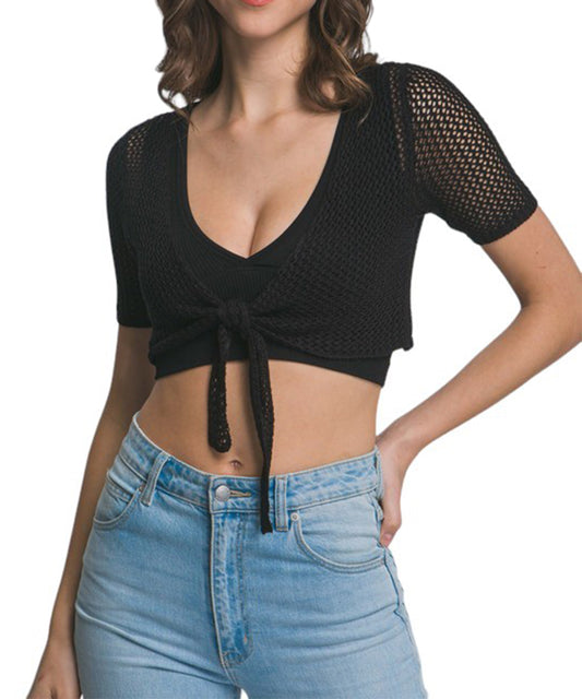 Short Sleeve Hollow Out Crochet Cropped Open Cardigan with Tie