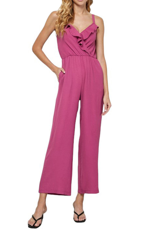 Flowy Wrap Ruffle V-Neck Sleeveless Jumpsuit with Tie Shoulder Pockets