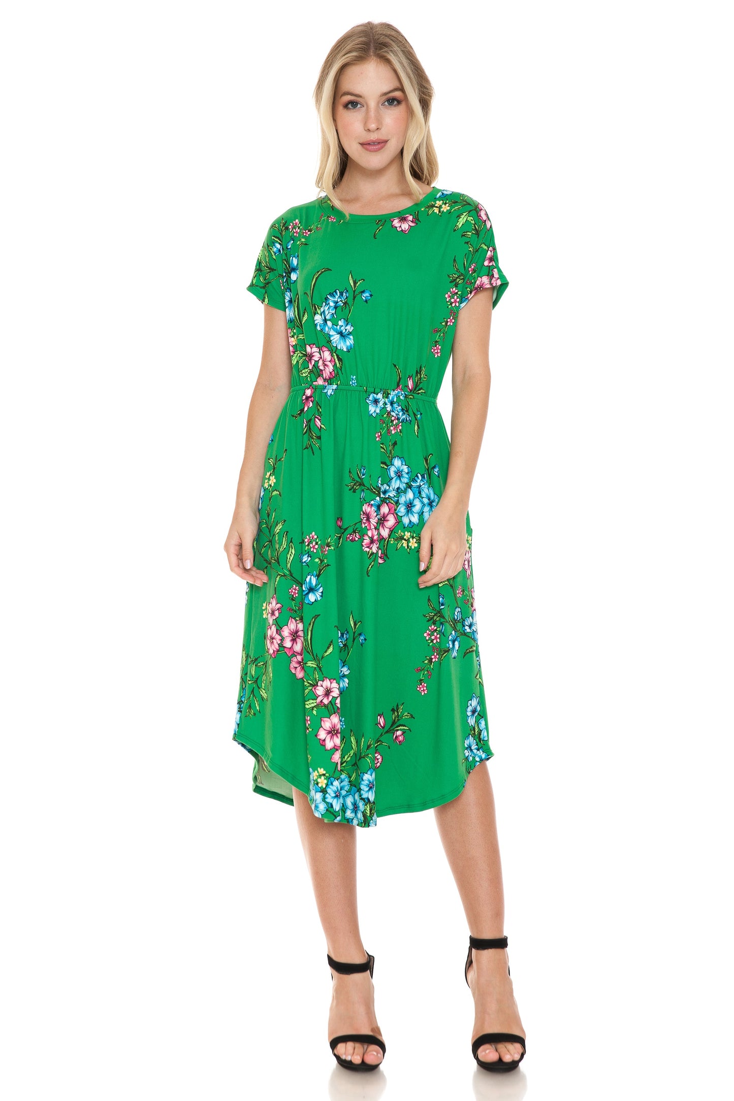 Short Sleeve Flare Midi Dress with Pockets Floral