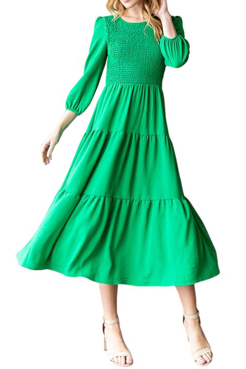 Summer Three-Quarter Puff Sleeve Smocked Tiered Boho Flowy Maxi Sun Dress