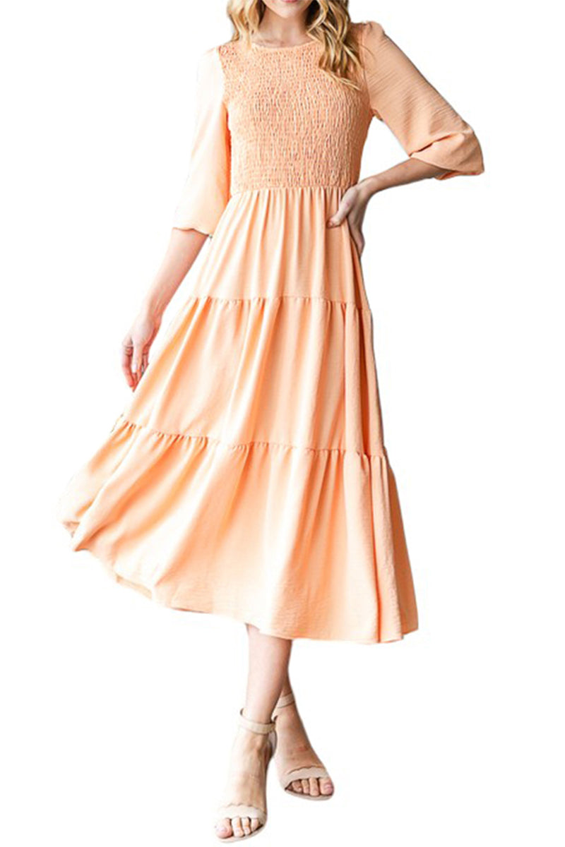 Summer Three-Quarter Puff Sleeve Smocked Tiered Boho Flowy Maxi Sun Dress