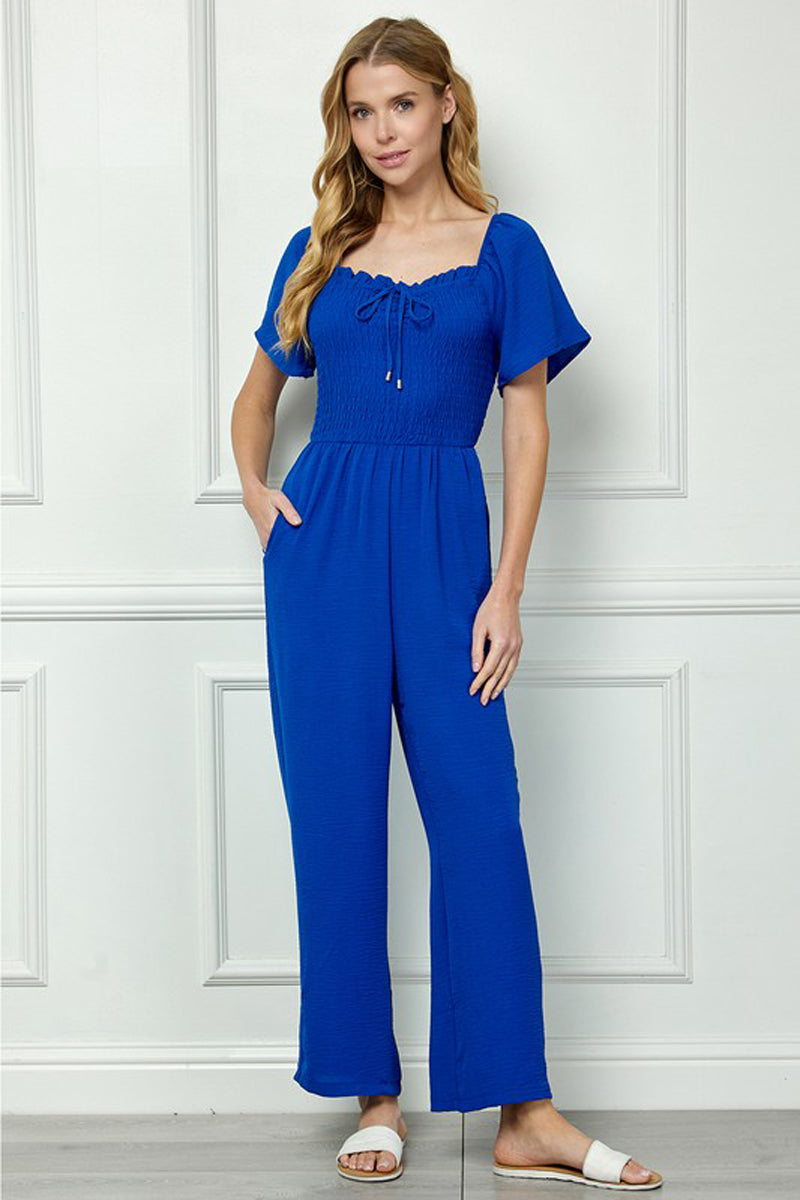 Casual Flutter Sleeve Smocked Bodice Jumpsuit with Pockets