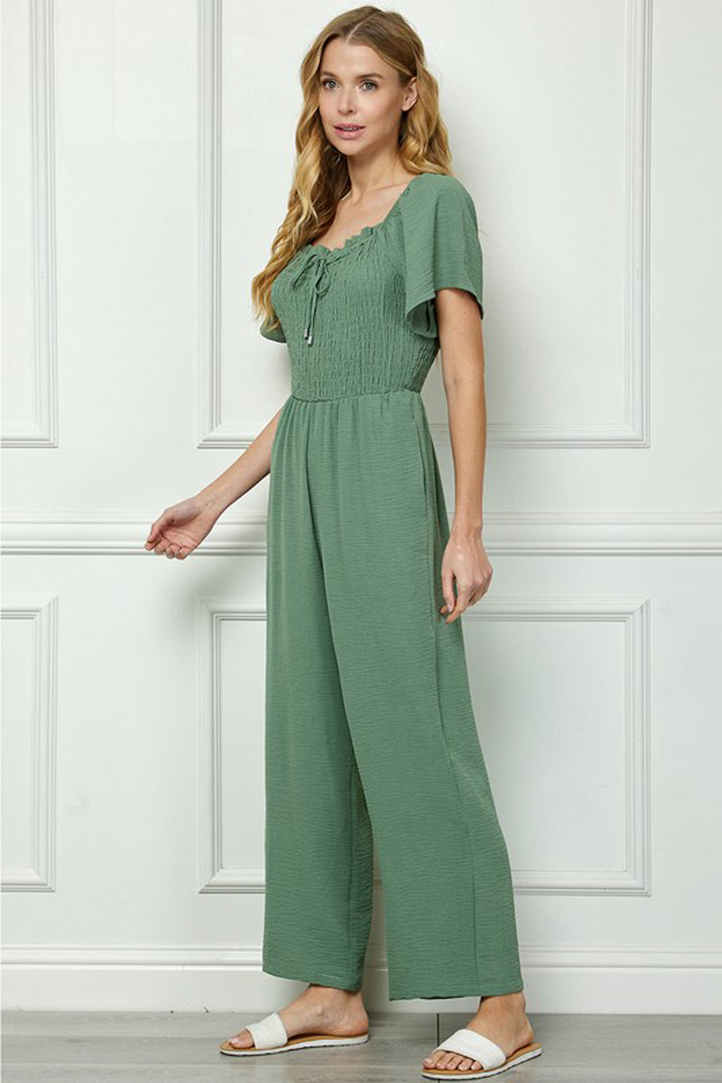 Casual Flutter Sleeve Smocked Bodice Jumpsuit with Pockets